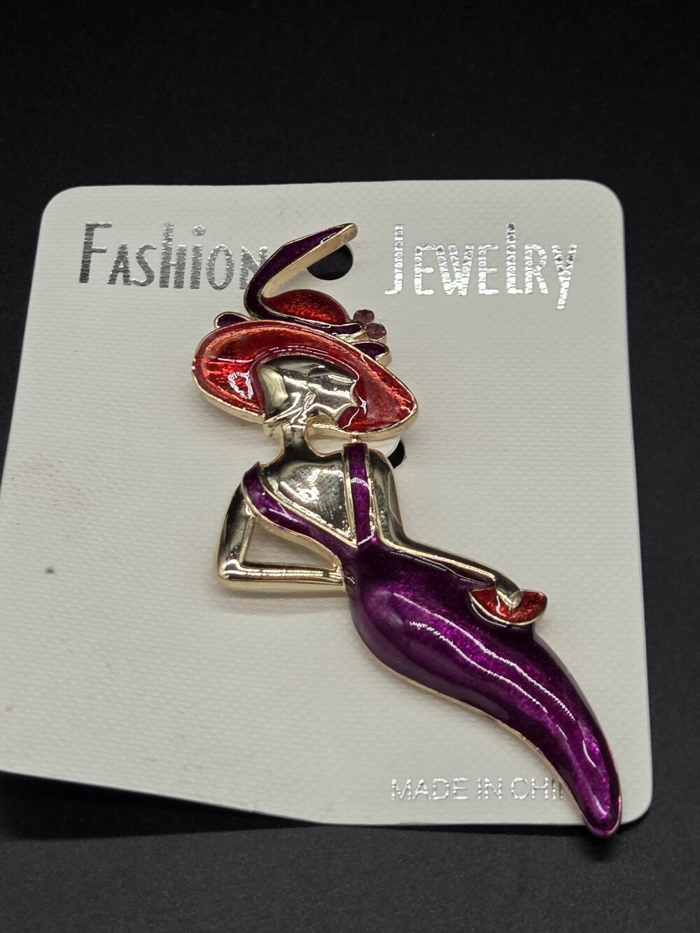 Fashion Jewelry Red Hat Purple Gown Woman Silhouette Brooch